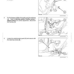 May include: Diagram illustrating the installation of a sensing system position sensor. The image shows step-by-step instructions with numbered components and arrows, including a potentiometer, bracket, retaining nut, circlip, linkage rod, and screws.