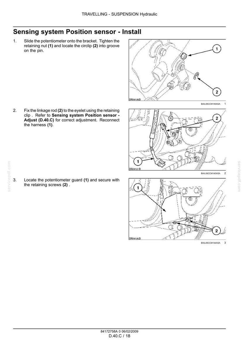 May include: Diagram illustrating the installation of a sensing system position sensor. The image shows step-by-step instructions with numbered components and arrows, including a potentiometer, bracket, retaining nut, circlip, linkage rod, and screws.