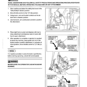 May include: A technical manual page titled 8. OPTIONAL EQUIPMENT, detailing the operation of extra attachments like grapples and breakers. It includes safety warnings, numbered instructions, and line drawings of a safety lock lever and pedals.