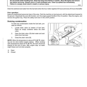May include: A technical manual page titled 7-MAINTENANCE Fuel tank, featuring a warning about flammable fuel vapors. It includes instructions for draining condensation from a fuel tank, with a line drawing showing a drain valve labeled 1, A, and B.