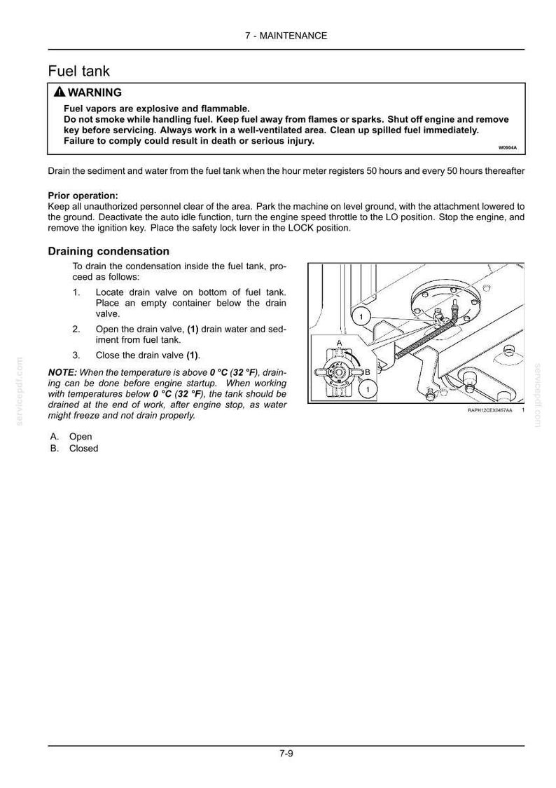 May include: A technical manual page titled 7-MAINTENANCE Fuel tank, featuring a warning about flammable fuel vapors. It includes instructions for draining condensation from a fuel tank, with a line drawing showing a drain valve labeled 1, A, and B.