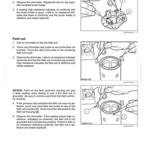 Pu&ograve; includere: Diagramma che illustra le procedure di test del sistema elettrico per il sistema di avviamento del motore. L'immagine mostra come testare un porta spazzole e una bobina di campo utilizzando un ohmmetro. Include viste ravvicinate dei componenti con etichette numerate.