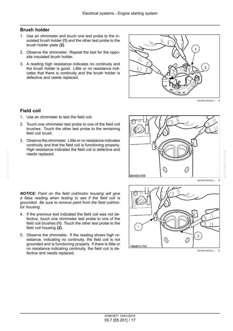 Pu&ograve; includere: Diagramma che illustra le procedure di test del sistema elettrico per il sistema di avviamento del motore. L'immagine mostra come testare un porta spazzole e una bobina di campo utilizzando un ohmmetro. Include viste ravvicinate dei componenti con etichette numerate.