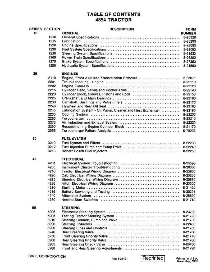 May include: A printed table of contents for a 4894 tractor manual. The document lists sections on general specifications, engines, fuel systems, electrical systems, and steering, with corresponding form numbers.