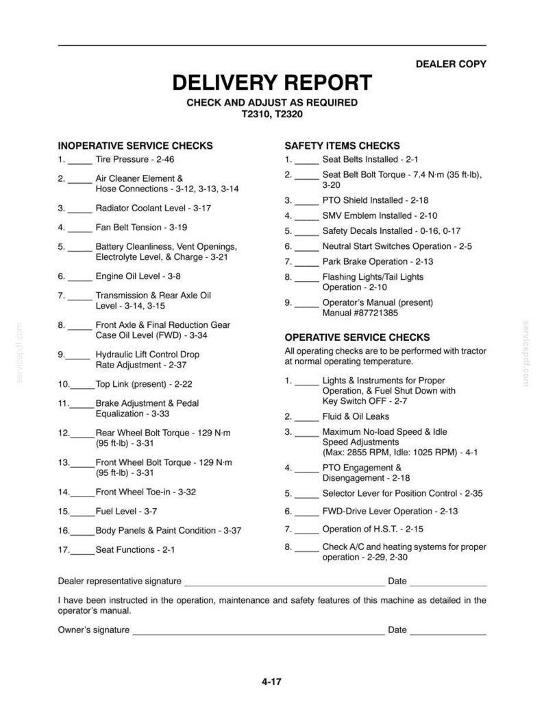 May include: A black and white document titled Delivery Report for T2310 and T2320 models. It lists Inoperative Service Checks, Safety Items Checks, and Operative Service Checks with numbered lines for inspection, including specific torque and RPM values.