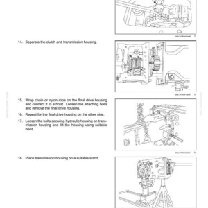 May include: Diagram of a mechanical transmission with step-by-step instructions. The image shows various components, including bolts, housings, and a stand. Text includes instructions for separating and lifting the transmission housing.