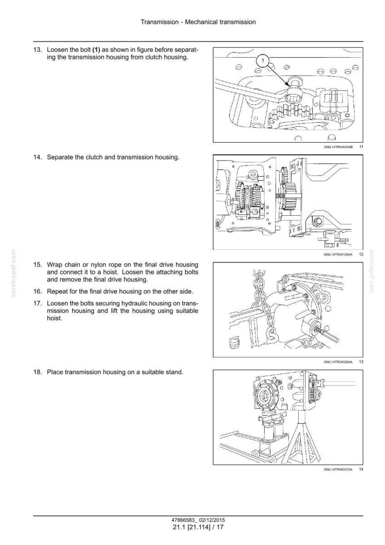 May include: Diagram of a mechanical transmission with step-by-step instructions. The image shows various components, including bolts, housings, and a stand. Text includes instructions for separating and lifting the transmission housing.