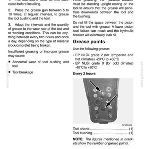 May include: Diagram of a hydraulic breaker with grease points labeled. Instructions detail greasing intervals and correct greasing procedures. Includes information on grease types and temperature ranges for optimal performance.