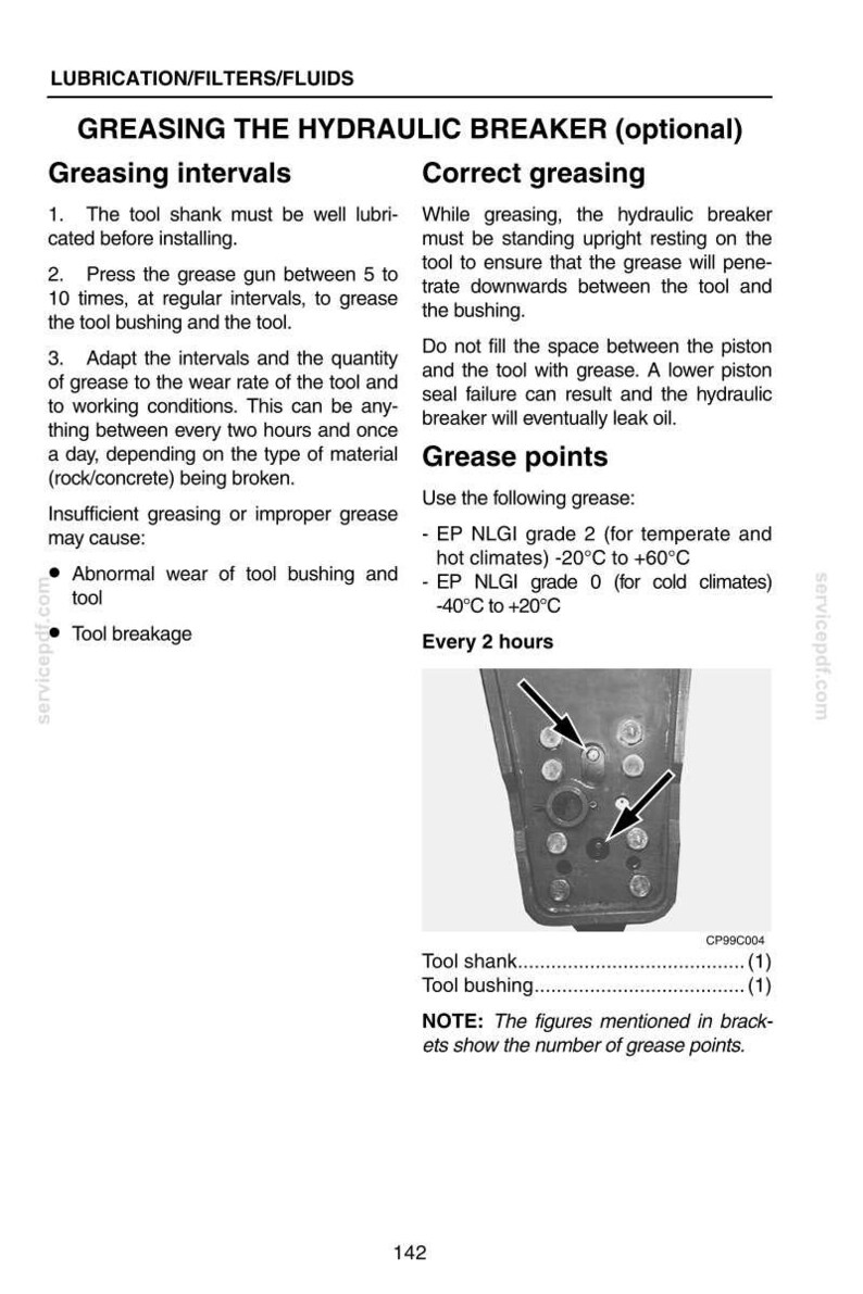 May include: Diagram of a hydraulic breaker with grease points labeled. Instructions detail greasing intervals and correct greasing procedures. Includes information on grease types and temperature ranges for optimal performance.