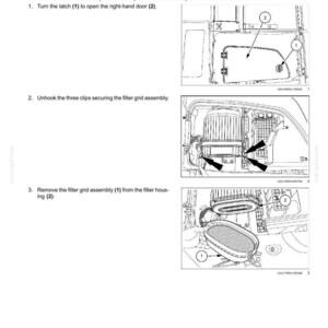 May include: A technical maintenance document titled Cab air filters - Replace 102027557 - V4 - 28 September 2017. It features three black and white line drawings illustrating the steps to open a door, unhook three clips, and remove a filter grid assembly.