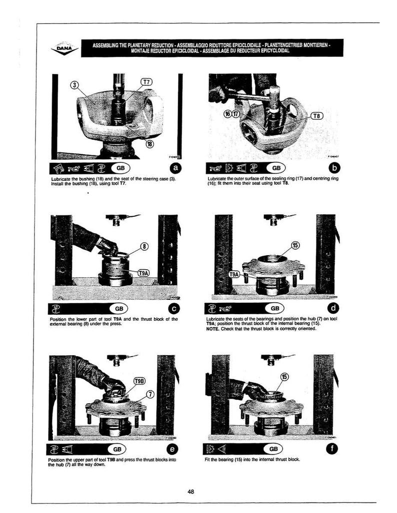 May include: Diagram of planetary reduction assembly with labeled parts and instructions. Text includes "ASSEMBLING THE PLANETARY REDUCTION" and "DANA". Images show steps for lubricating, installing, and positioning components using tools.