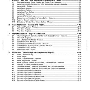 May include: A black and white technical document page titled Chapter 6 Inspection and Repair of Basic Engine. It lists numbered sections for Cylinder Head, Rear Mechanism, Front Mechanism, and Piston and Connecting Rod with sub-tasks.