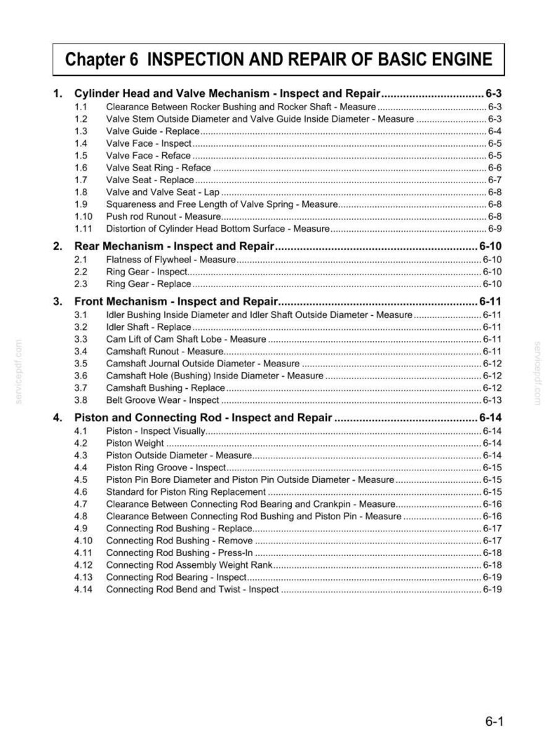 May include: A black and white technical document page titled Chapter 6 Inspection and Repair of Basic Engine. It lists numbered sections for Cylinder Head, Rear Mechanism, Front Mechanism, and Piston and Connecting Rod with sub-tasks.