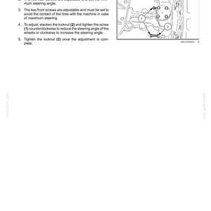 May include: A technical manual page titled 7 - MAINTENANCE featuring instructions for an adjusting screw. It includes a black and white line drawing of a machine axle with numbered components 1 and 2, detailing how to adjust steering angles.