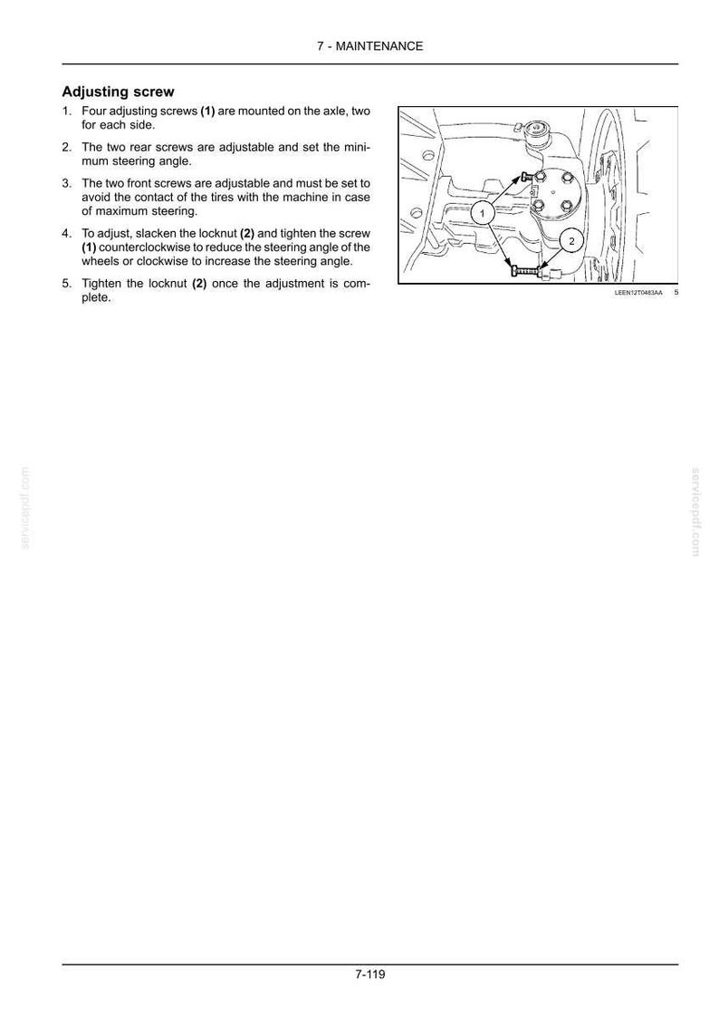 May include: A technical manual page titled 7 - MAINTENANCE featuring instructions for an adjusting screw. It includes a black and white line drawing of a machine axle with numbered components 1 and 2, detailing how to adjust steering angles.
