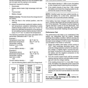 May include: A technical document page titled Section 55 - Electrical System - Chapter 4, detailing battery testing procedures, relative density calculations, performance test instructions, and a charge level reference table with voltage data.