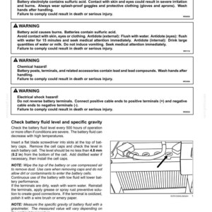 May include: A page from a maintenance manual with safety warnings about battery electrolyte. The text includes warnings about hazardous chemicals, burns, and electrical shock. There is also a diagram of a battery.