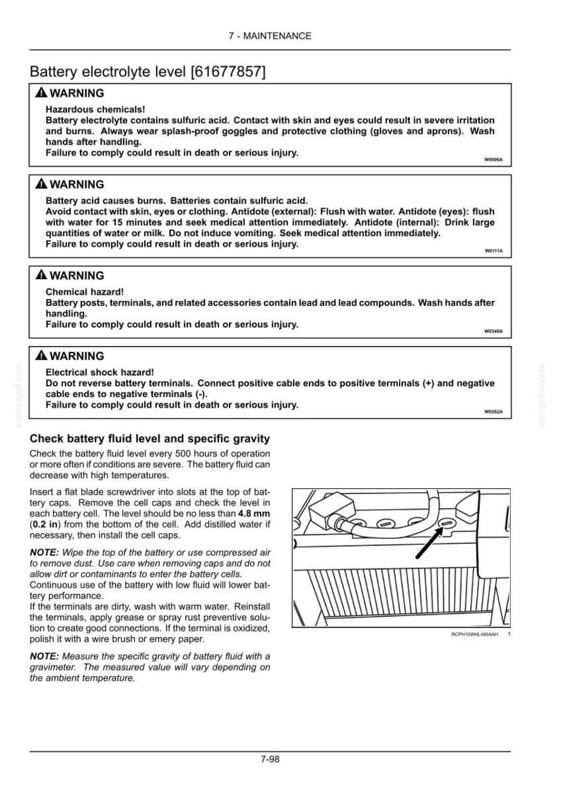 May include: A page from a maintenance manual with safety warnings about battery electrolyte. The text includes warnings about hazardous chemicals, burns, and electrical shock. There is also a diagram of a battery.