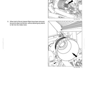 May include: Diagram of engine components with arrows pointing to parts. Text indicates instructions for removing the secondary filter and cleaning the air cleaner box. The image is from a maintenance manual.