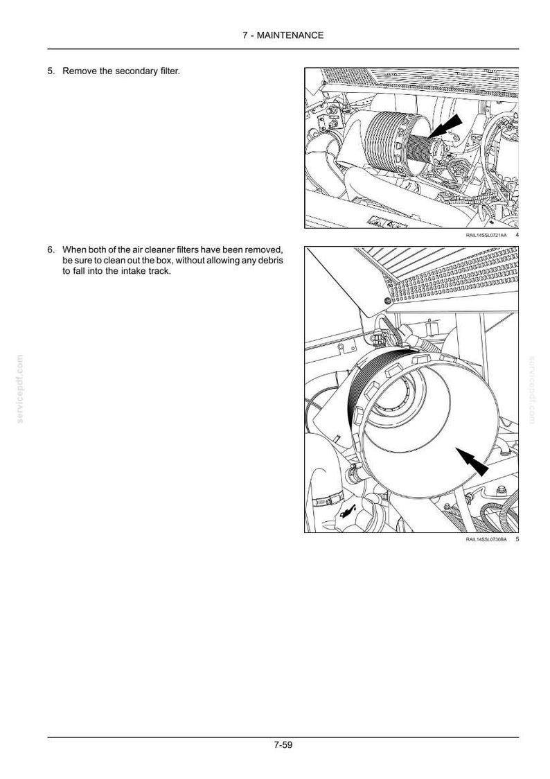 May include: Diagram of engine components with arrows pointing to parts. Text indicates instructions for removing the secondary filter and cleaning the air cleaner box. The image is from a maintenance manual.