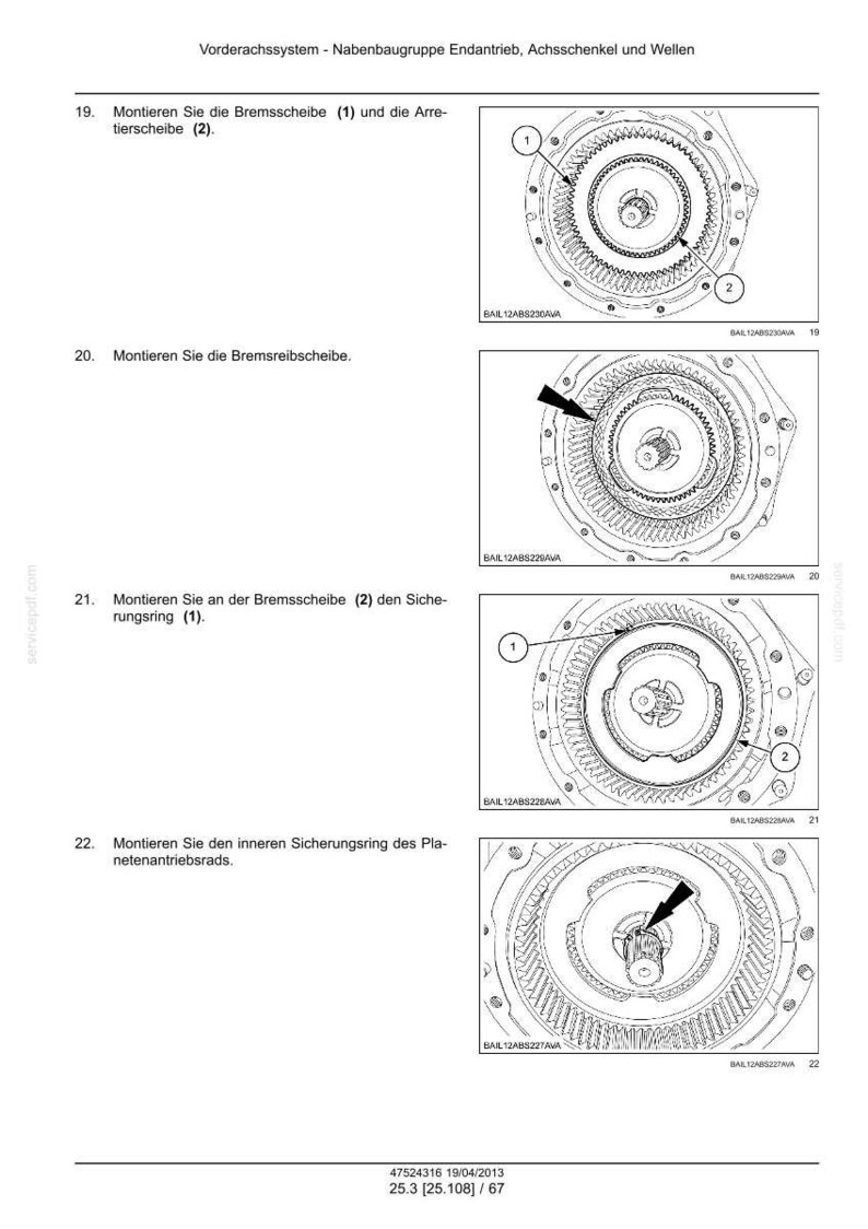 May include: A technical manual page titled Vorderachssystem - Nabenbaugruppe Endantrieb, Achsschenkel und Wellen, showing four black and white line drawings of mechanical assembly steps for a front axle hub assembly with numbered components.