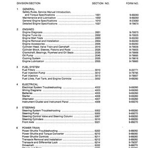 May include: A printed table of contents from a Case Corporation manual for 480D and 480LL models. The document lists various sections including engines, fuel systems, electrical components, steering, and power train, with corresponding section numbers and form numbers.