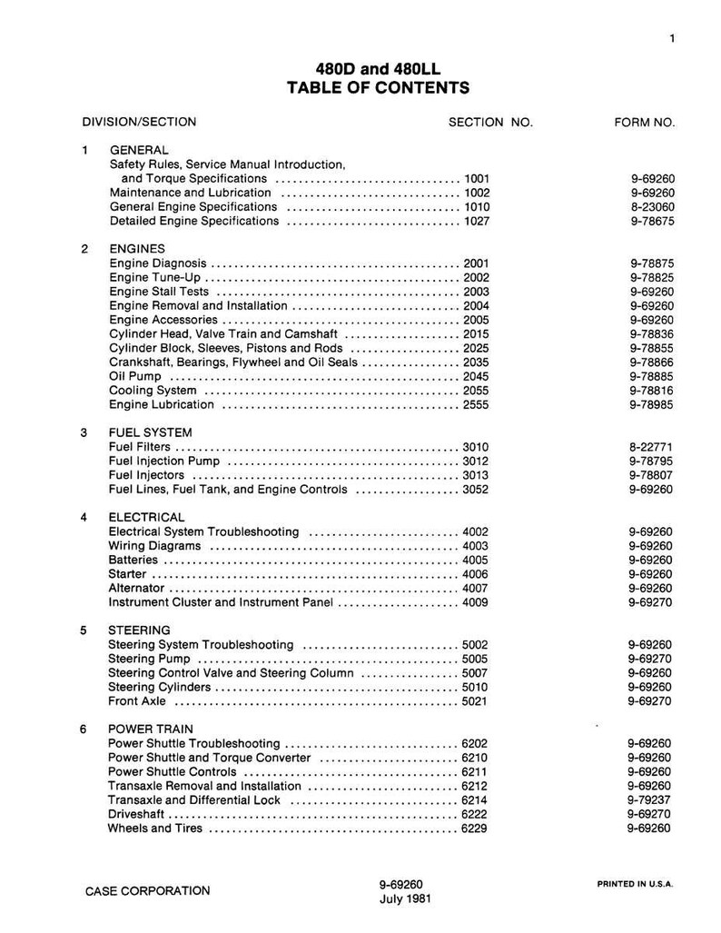 May include: A printed table of contents from a Case Corporation manual for 480D and 480LL models. The document lists various sections including engines, fuel systems, electrical components, steering, and power train, with corresponding section numbers and form numbers.