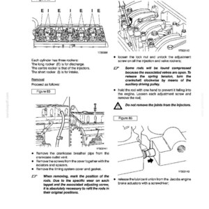 May include: Diagram of engine injectors with detailed instructions. Includes figures 82, 83, 84, and 85, with text describing removal and adjustment procedures. The page is from a technical manual.