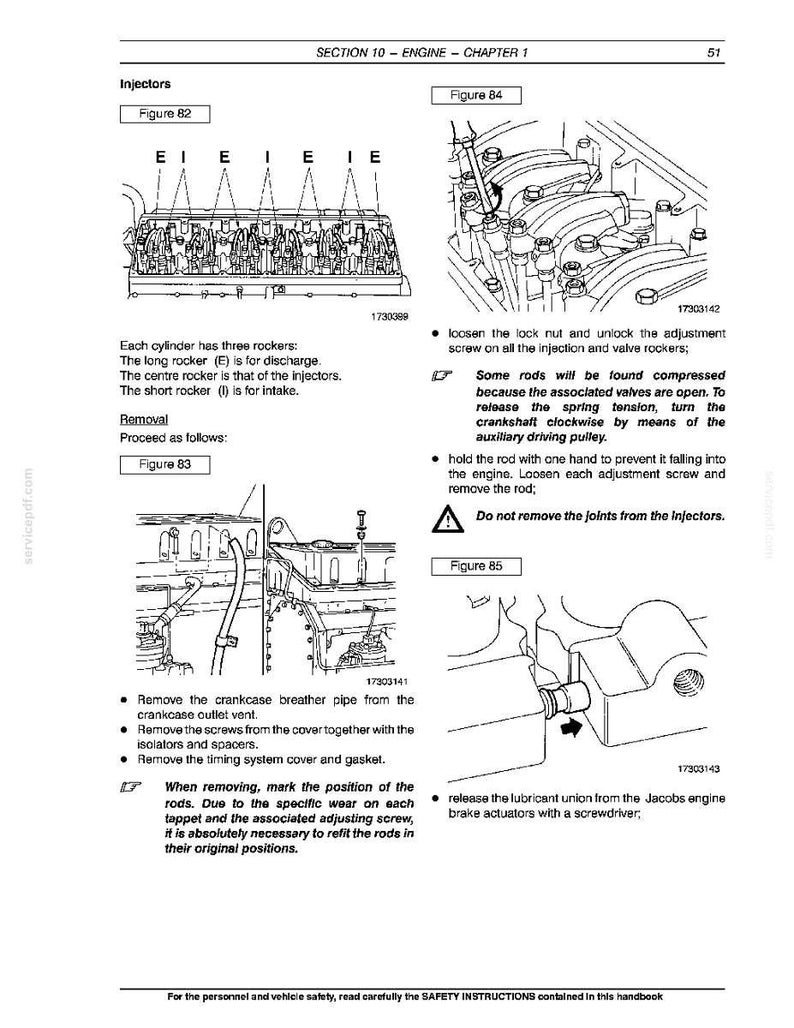 May include: Diagram of engine injectors with detailed instructions. Includes figures 82, 83, 84, and 85, with text describing removal and adjustment procedures. The page is from a technical manual.
