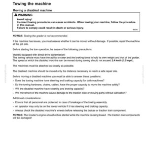 May include: A white document detailing transport operations, specifically recovery transport and towing a disabled machine. It includes safety warnings about potential injury and damage, with instructions and precautions. Measurements are in km/h.