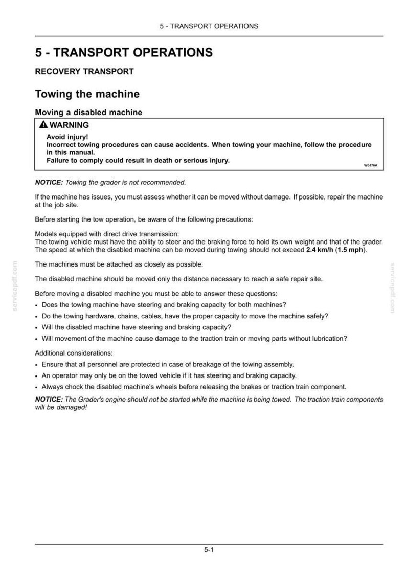 May include: A white document detailing transport operations, specifically recovery transport and towing a disabled machine. It includes safety warnings about potential injury and damage, with instructions and precautions. Measurements are in km/h.