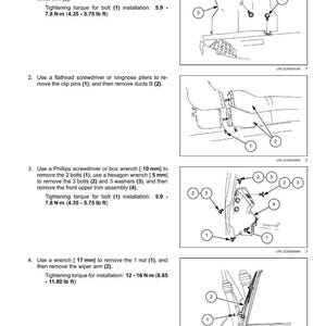 May include: Diagram illustrating the removal of a windshield wiper motor. Instructions detail using a Phillips screwdriver, box wrench, flathead screwdriver, and a wrench. Includes tightening torque specifications in lb ft and N-m. The image is a technical diagram.
