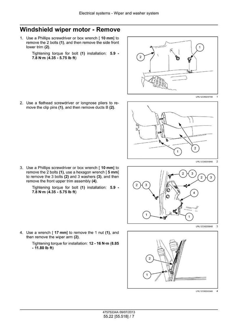 May include: Diagram illustrating the removal of a windshield wiper motor. Instructions detail using a Phillips screwdriver, box wrench, flathead screwdriver, and a wrench. Includes tightening torque specifications in lb ft and N-m. The image is a technical diagram.