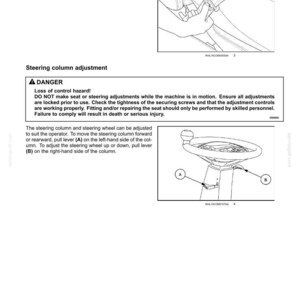 May include: Diagram of operating instructions for a machine. Includes a diagram of a seat belt buckle and instructions for releasing it. Also shows steering column adjustment instructions with a warning about loss of control.