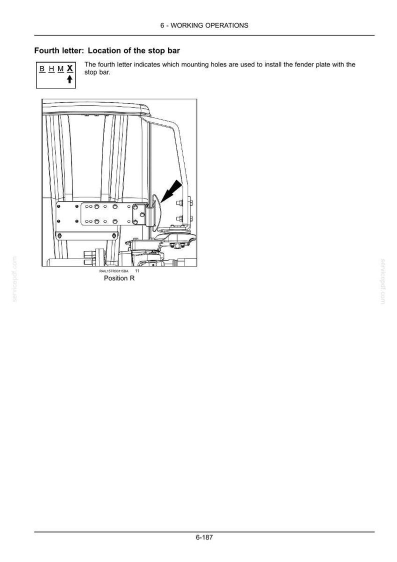 May include: A technical diagram titled 6 - WORKING OPERATIONS showing the location of the stop bar. It features a black and white line drawing of a machine component with a fender plate, a mounting hole guide labeled B H M X, and the text Position R.