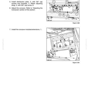 May include: A technical manual page titled SECTION 4 - FEEDING AND THRESHING COMPONENTS, featuring two black and white line drawings labeled Figure 4-360 and Figure 4-361, showing mechanical assembly instructions with numbered parts and text.