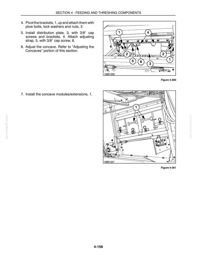May include: A technical manual page titled SECTION 4 - FEEDING AND THRESHING COMPONENTS, featuring two black and white line drawings labeled Figure 4-360 and Figure 4-361, showing mechanical assembly instructions with numbered parts and text.
