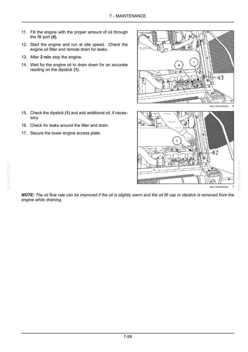 May include: Diagram of an engine maintenance procedure. The image shows steps for checking oil levels, including filling the engine with oil, checking the dipstick, and looking for leaks. Text includes instructions and labels.