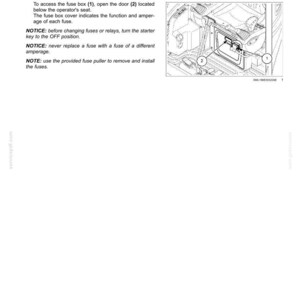 K&ouml;nnte beinhalten: Eine Seite aus einem technischen Handbuch mit der &Uuml;berschrift 6 - MAINTENANCE, die Sicherungs- und Relaispositionen beschreibt. Sie enth&auml;lt Anweisungen zum &Ouml;ffnen des Sicherungskastens (1) durch die T&uuml;r (2) unter dem Sitz, mit Zeichnung.