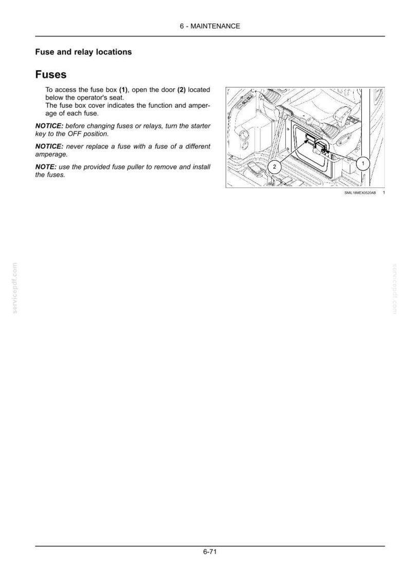 K&ouml;nnte beinhalten: Eine Seite aus einem technischen Handbuch mit der &Uuml;berschrift 6 - MAINTENANCE, die Sicherungs- und Relaispositionen beschreibt. Sie enth&auml;lt Anweisungen zum &Ouml;ffnen des Sicherungskastens (1) durch die T&uuml;r (2) unter dem Sitz, mit Zeichnung.