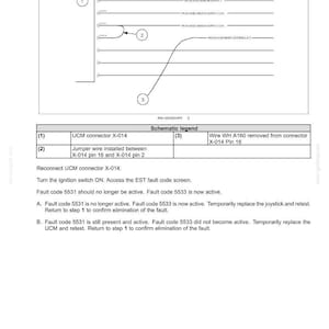 May include: Diagram of an electrical system fault code with a schematic legend. The diagram includes a UCM connector, jumper wire, and wire removal instructions. Text includes fault code instructions and troubleshooting steps.