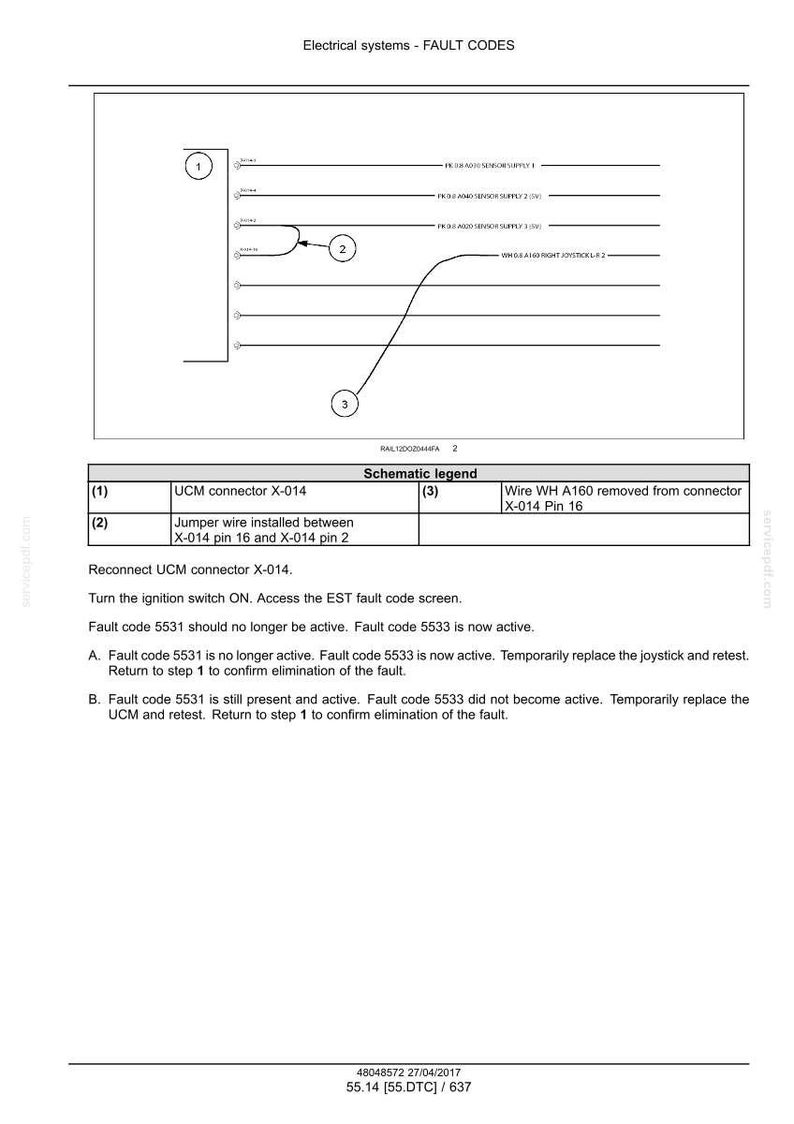 May include: Diagram of an electrical system fault code with a schematic legend. The diagram includes a UCM connector, jumper wire, and wire removal instructions. Text includes fault code instructions and troubleshooting steps.