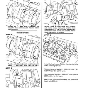 May include: An illustrated diagram showing the installation steps for an engine's crankshaft. The diagram includes detailed instructions and labels for each step, including the use of a "T" bar and plasti gauge. The image is in black and white.