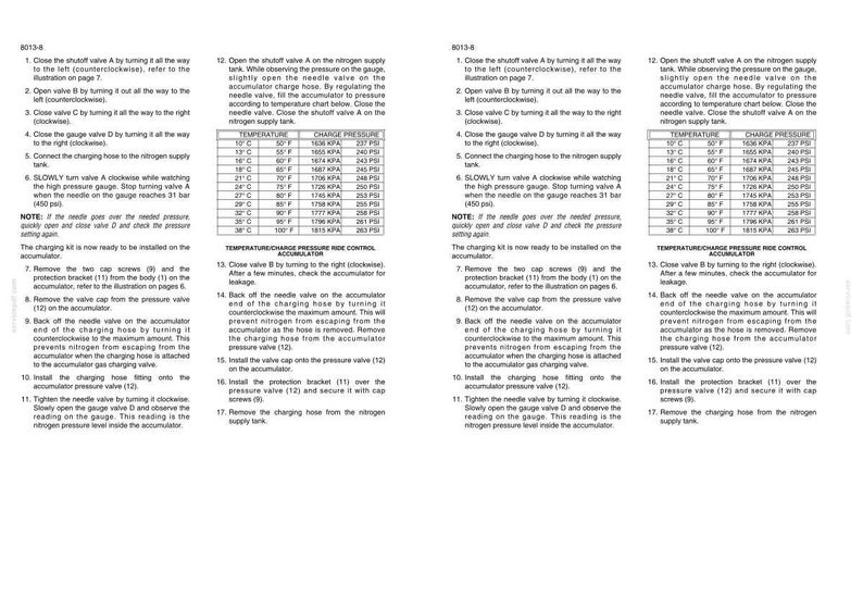 May include: A technical instruction manual page titled 8013-8, featuring two identical columns of black text on a white background. It details seventeen numbered steps for operating a nitrogen supply tank and includes a temperature charge pressure table.