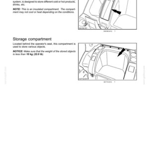 May include: Diagram of a car's interior showing a refrigerated/heated compartment and a storage compartment. The text indicates the compartments are behind the operator's seat and can hold items up to 22.0 lb.