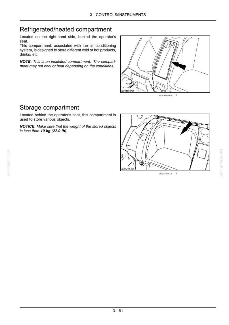 May include: Diagram of a car's interior showing a refrigerated/heated compartment and a storage compartment. The text indicates the compartments are behind the operator's seat and can hold items up to 22.0 lb.