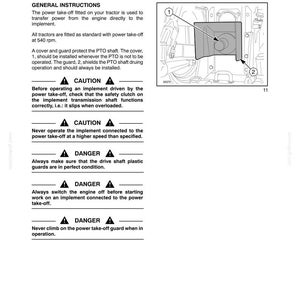 May include: A technical manual page titled SECTION 3 - FIELD OPERATION, detailing POWER TAKE-OFF instructions. It includes safety warnings labeled CAUTION and DANGER, and a black and white line drawing showing a tractor PTO shaft with a protective guard.