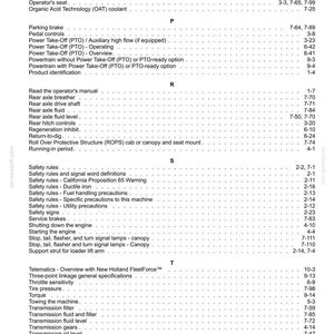 May include: A page from an operator's manual index, featuring black text on a white background. The list includes topics from N to U, such as Oil life reset, Parking brake, Power Take-Off, Safety rules, Telematics, and Transmission fluid and filter.