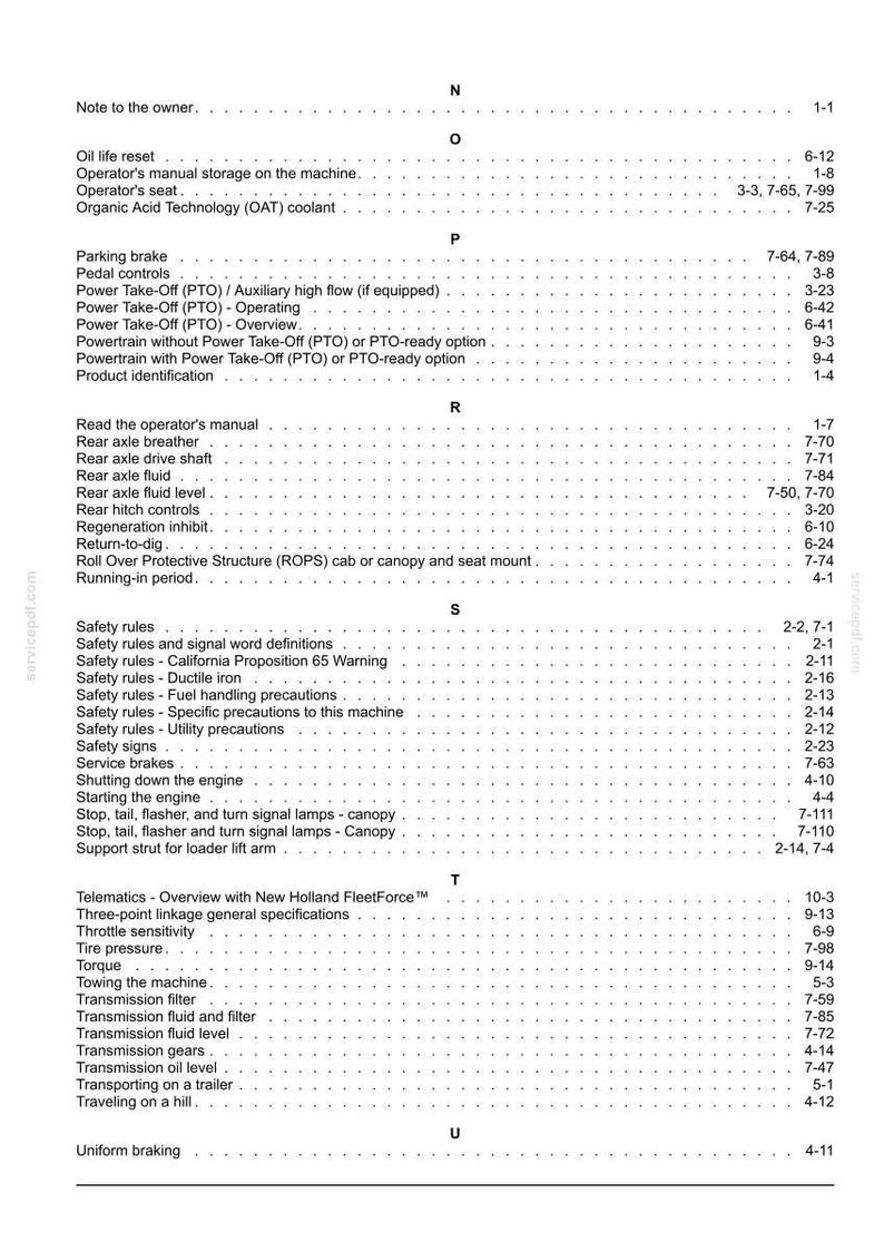 May include: A page from an operator's manual index, featuring black text on a white background. The list includes topics from N to U, such as Oil life reset, Parking brake, Power Take-Off, Safety rules, Telematics, and Transmission fluid and filter.