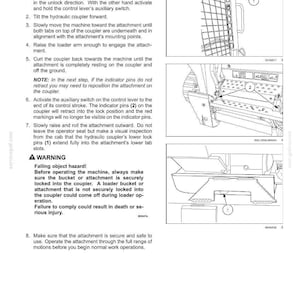 May include: A technical manual page titled 6-WORKING OPERATIONS detailing the installation of a loader attachment. It includes numbered instructions, a warning section, and two black and white line drawings showing hydraulic coupler components.